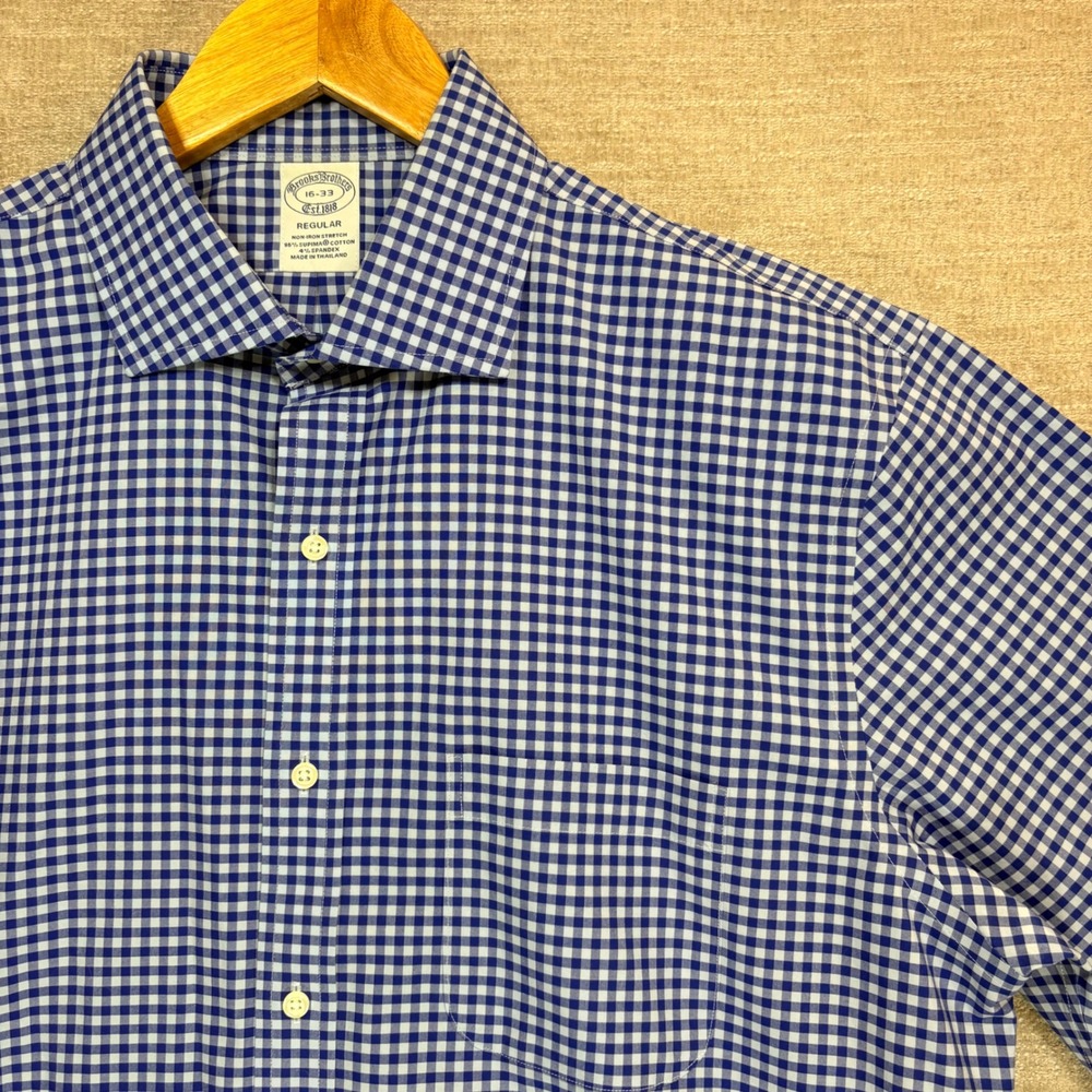 Brooks Brothers Mens 16-33 Regular Fit Gingham Non-Iron Stretch Shirt Blue White